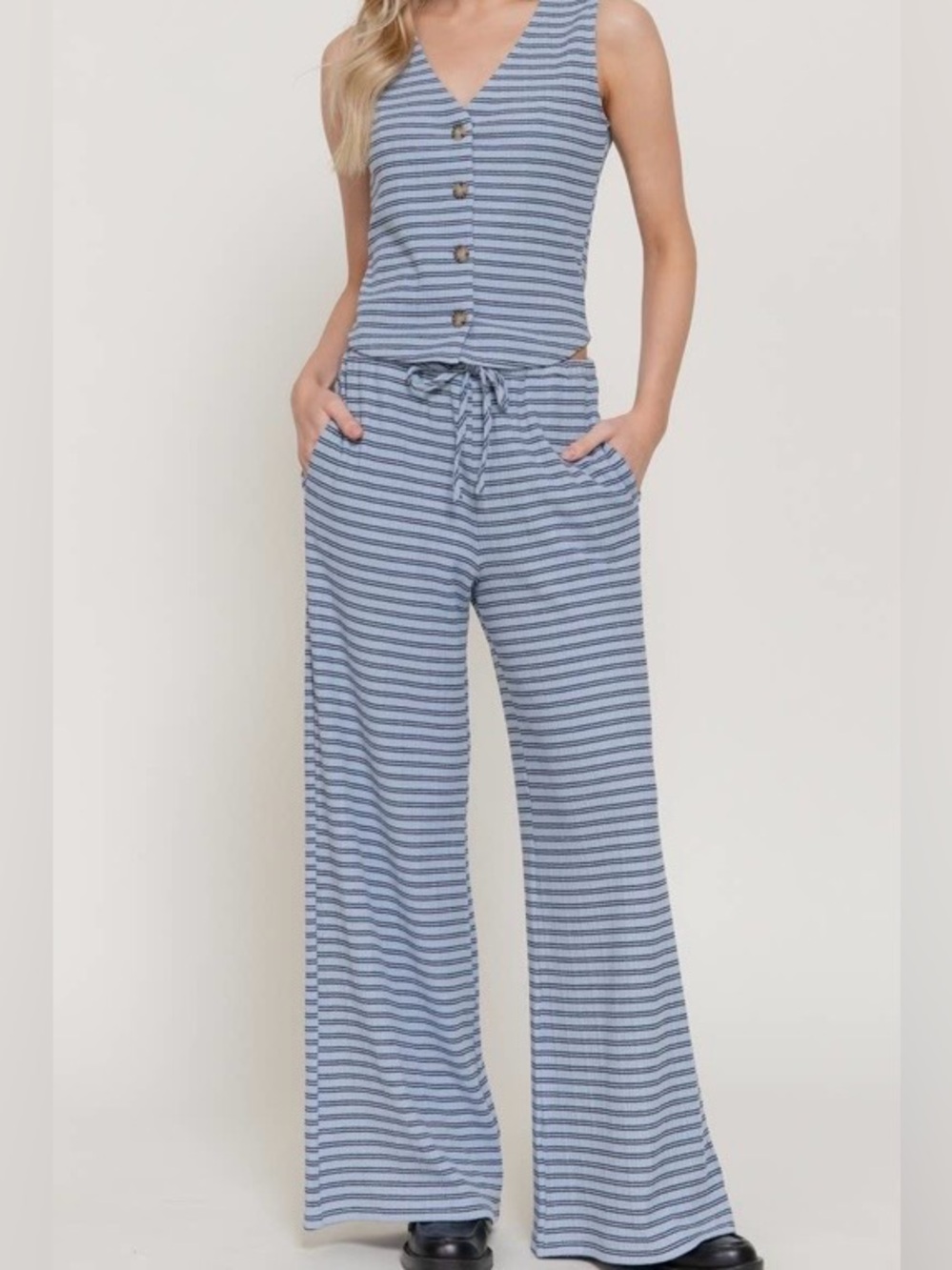 Active USA Light Blue and Black Striped Buttoned Sleeveless Shirt